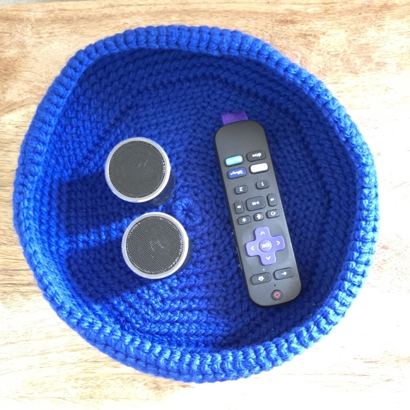 Dark Blue Handmade Crochet Basket - 8.5"x3" Storage Bin - Picture 3 of 4